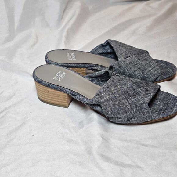 Eileen Fisher Ruche Slide Mule Blue Denim Block Heel Sandal Women's Size 5.5 - Picture 2 of 6